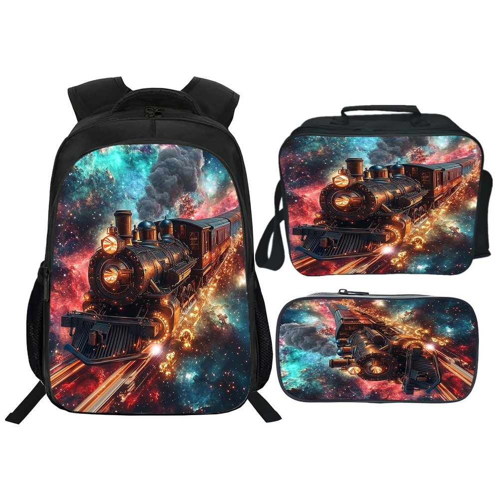 Klymax Outer Space Train Backpack Galaxy Steam Engine Kids Schoolbag with Lun...