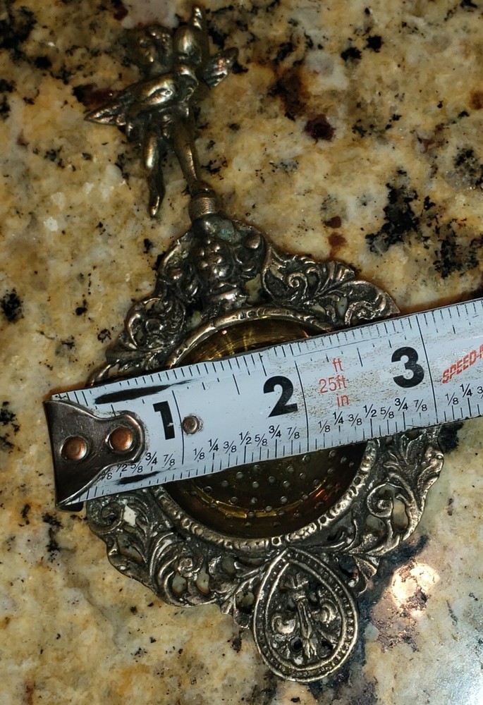 Ornate Antique Tea Strainer - Etched - Unknown Origin - see pics Cherub handle