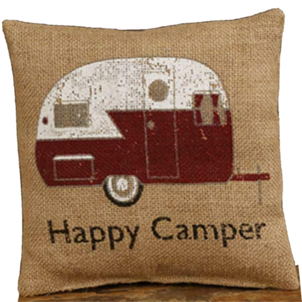 Small Happy Camper accent  Pillow in burlap - 8 inch