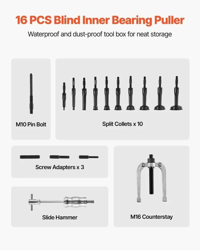 16pcs Blind Hole Bearing Puller Internal Extractor Remover Slide Hammer