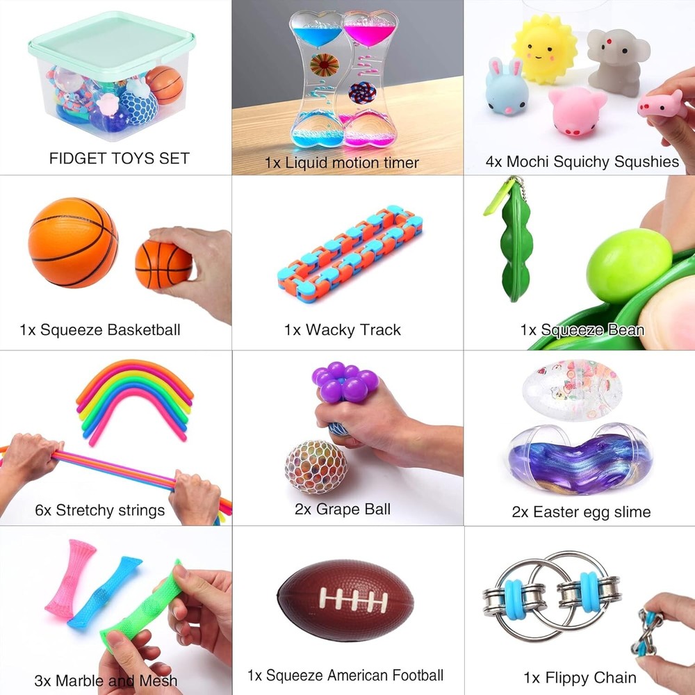 24 Pc Bundle Sensory Fidget Toy Grape Ball/Mochi Squishy/Stretchy String for Kid