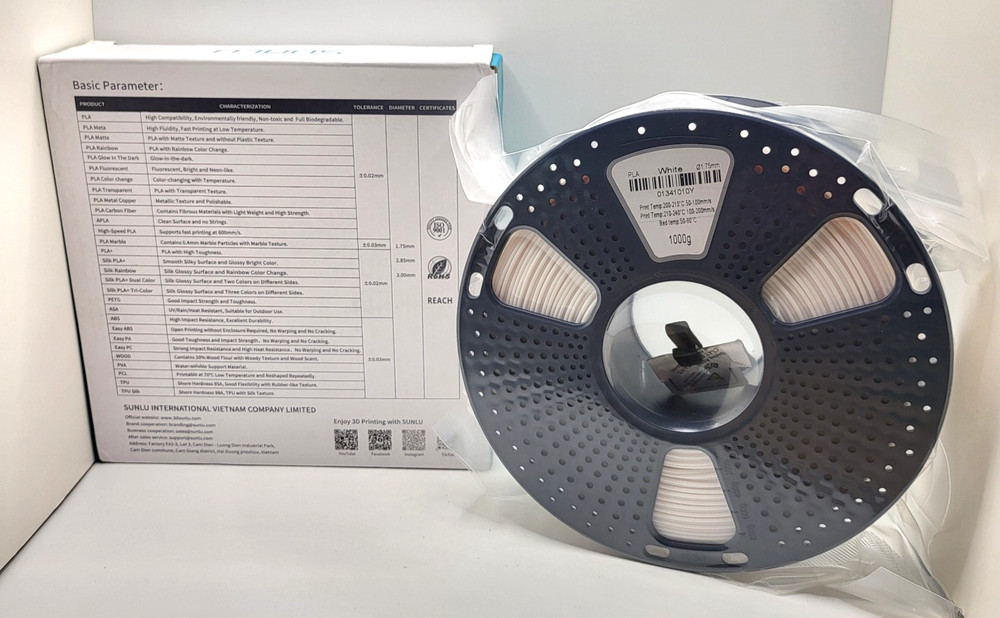 SUNLU 3D Printer Filament PLA 1.75mm WHITE 1kg