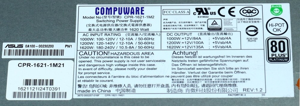 Compuware CPR-1621-1M2 1620W 80+ Platinum Switching Power Supply