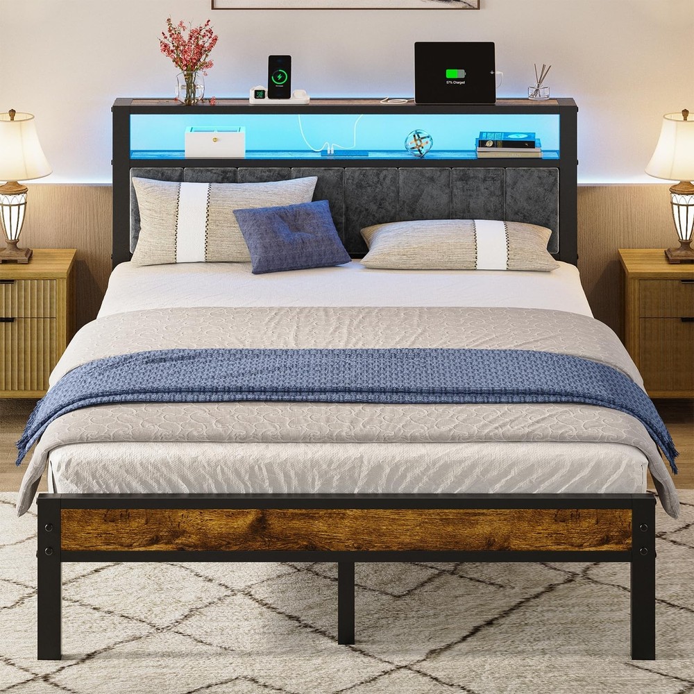 Liians Queen Size Bed Frame with 2-Tier Storage Shelves Headboard, Platform B...