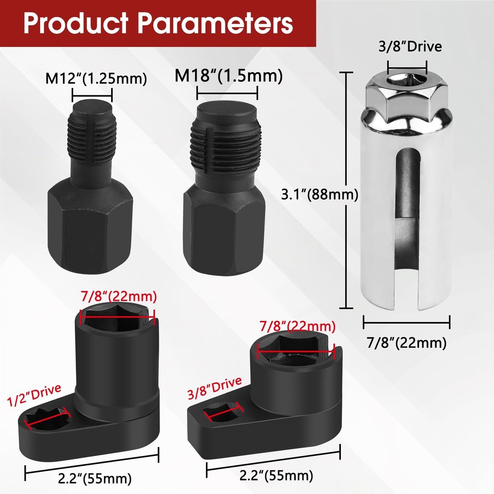 5PCS O2 Oxygen Sensor Socket Set, 3/8 in Drive, 7/8 (22mm), Premium Black