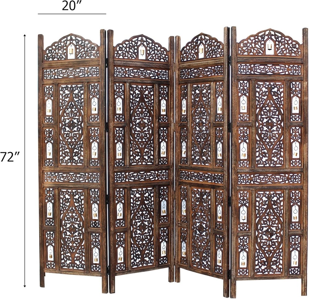 Hand Carved Wooden Room Divider Folding Privacy Screen 4 Panel Reversible Boho
