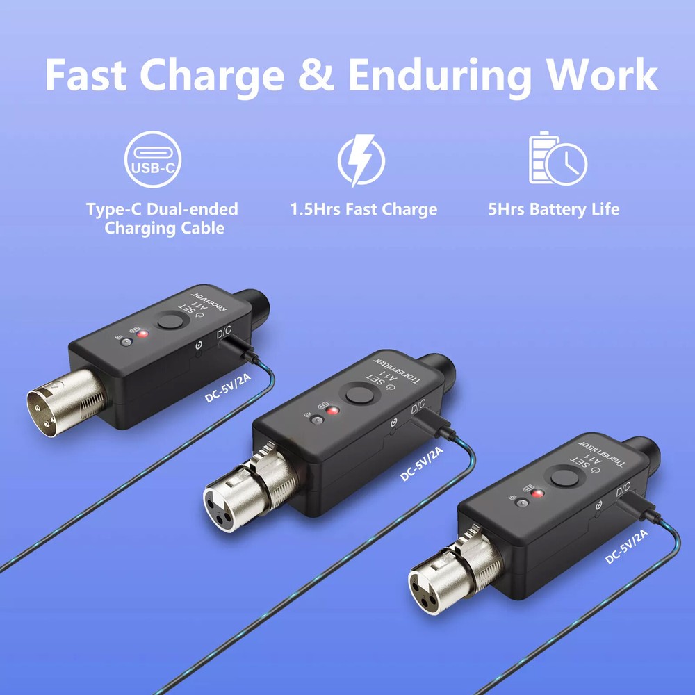Wireless Microphone System XLR Transmitter Receiver Rechargeable Speaker Adapter