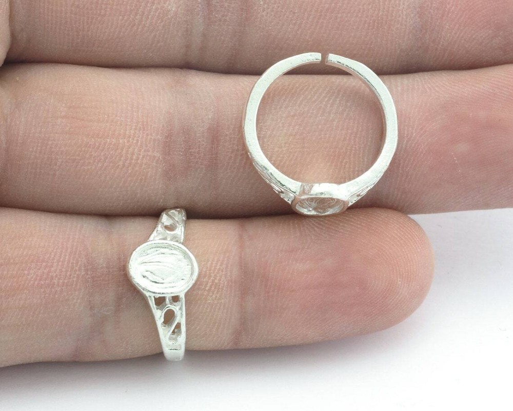 Ring Adjustable Shiny Silver Plated Brass with 5x7mm base setting 5-7US 2235