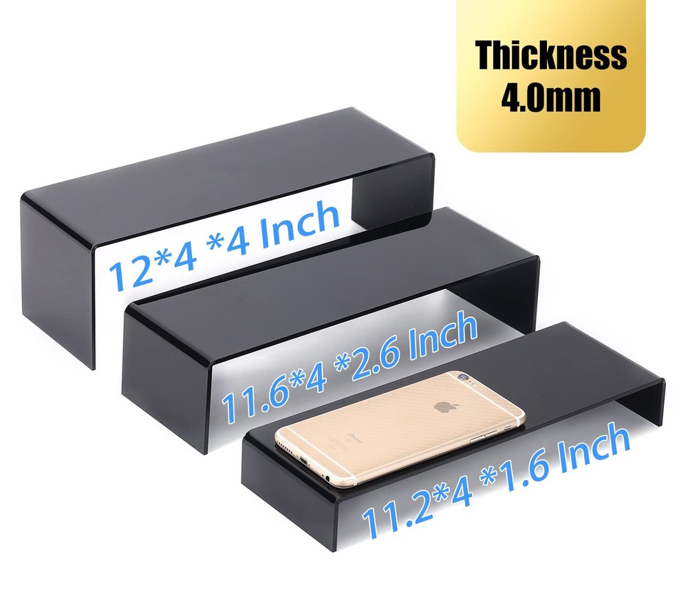 6PCS LARGE ACRYLIC RISERS BLACK RECTANGULAR SHOWCASE COLLECTIBLES DISPLAY SHELF
