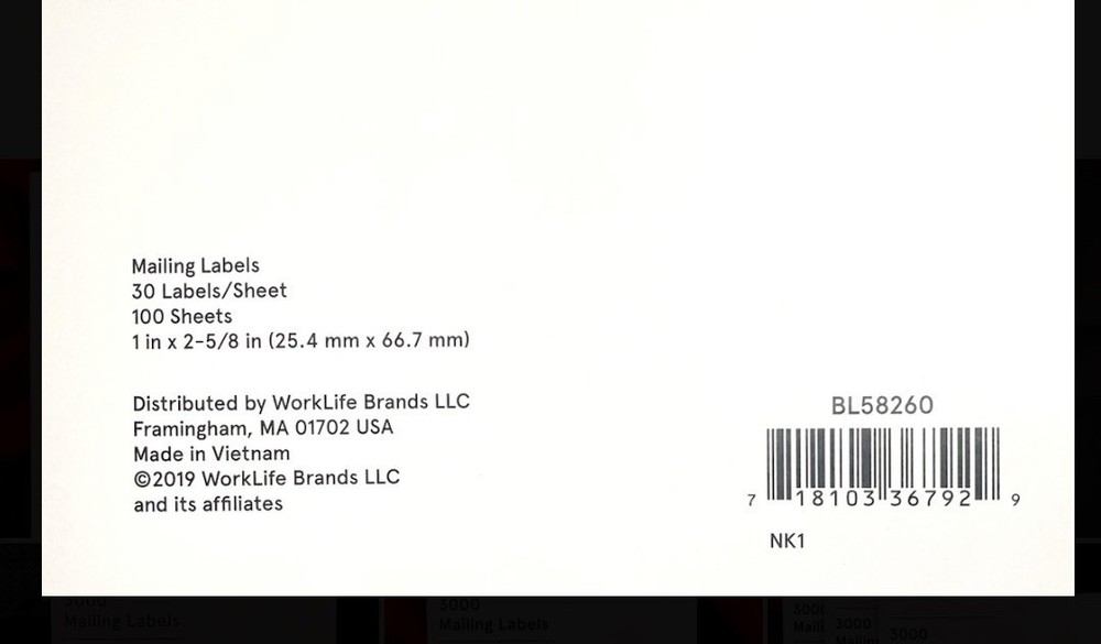 Baseline Blank Address Mailing Labels 3000 Per Pack Size 1”x 2-5/8"