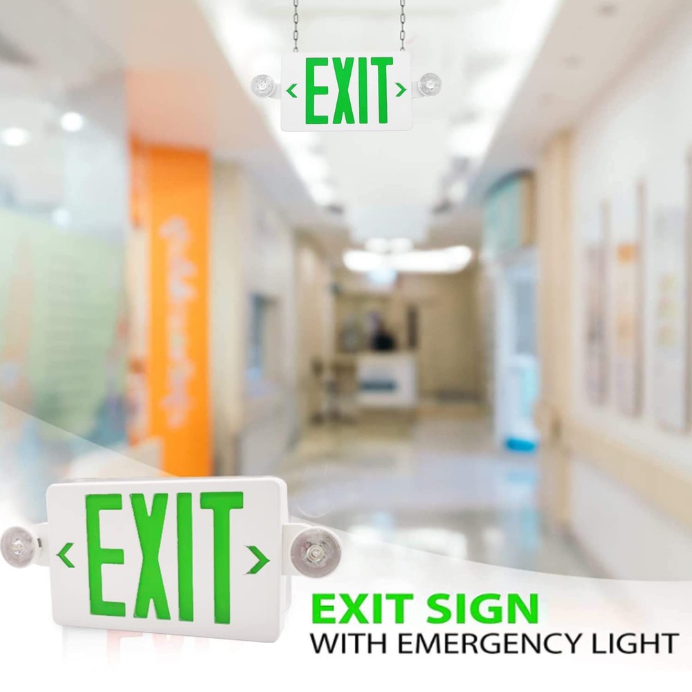 OSTEK Green LED Exit Sign with Emergency Lights, Two Adjustable Head Emergenc...