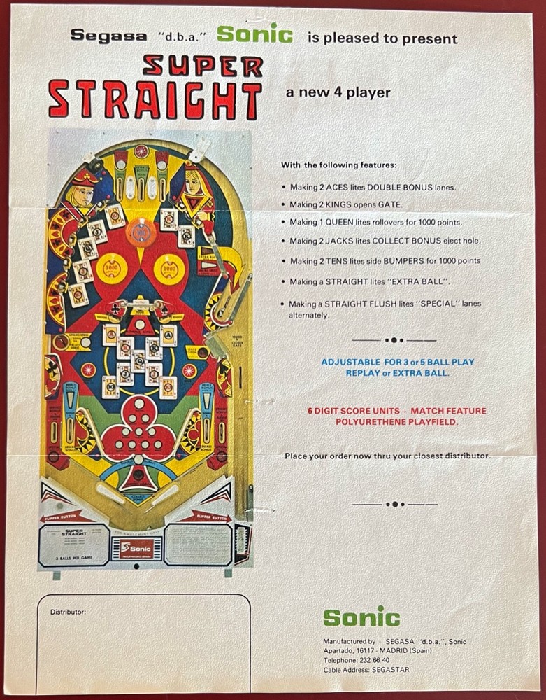 1977 Sonic Super Straight Original Pinball Flyer