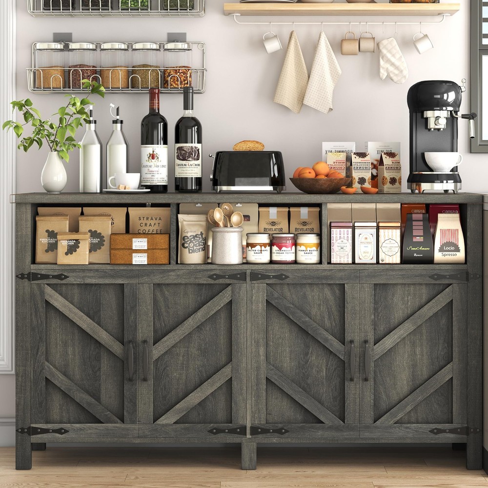 Buffet Sideboard with Storage Farmhouse with 4 Doors, 55'' Large Kitchen Stor...