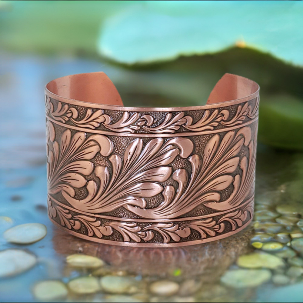 Solid Copper Adjustable Cuff Bracelet with Embossed Floral Design Antique Finish
