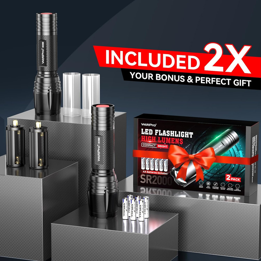 LED Flashlight High Lumens SR2000 Pro - 2 Pack Brighter Tactical Flashlights wit