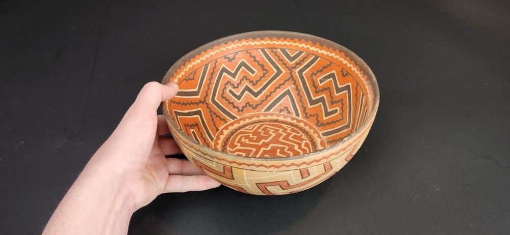 Vintage Peru Shipibo-Conibo Polychrome Earthenware Pottery Rattle Bowl 9.5"