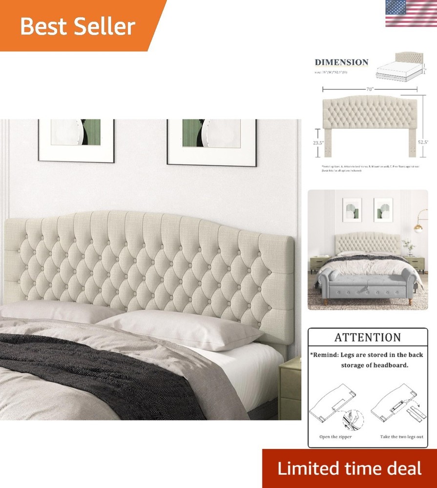 King Headboard Upholstered Wall Mount Tufted Linen Ivory for Adjustable Bed