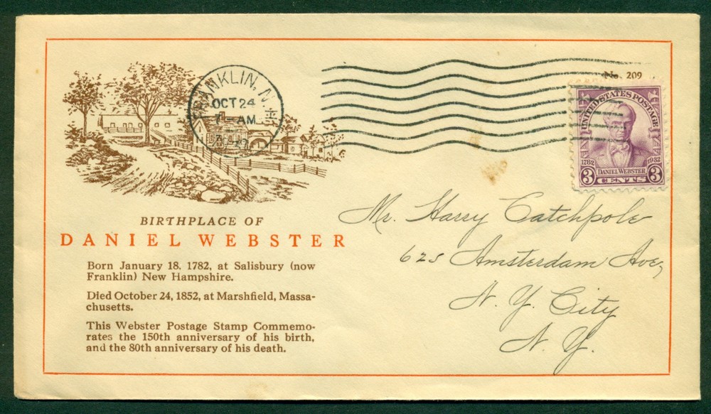 SCOTT # 725 FDC, LINPRINT CACHET, SCRIPT ADDRESS, FRANKLIN, NH, GREAT PRICE!