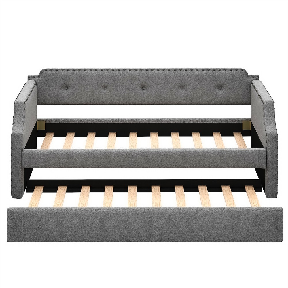 Twin Size Daybed w/ Pull-Out Trundle Bed Upholstered Bed Frame Sofa Bed US