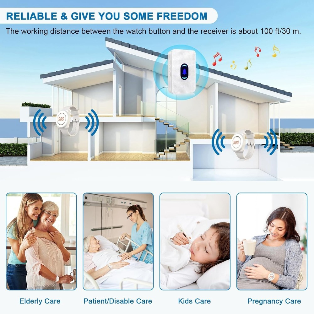Emergency Call Button for Elderly with 150m Range & 110dB Alarm - 2 Receivers