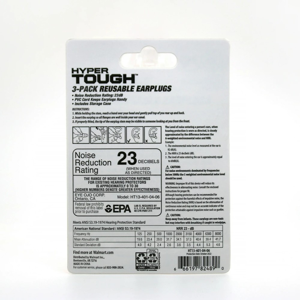 Hyper Tough 3-pack Reusable Earplugs, Noise Reduction Rating 23db, In Case