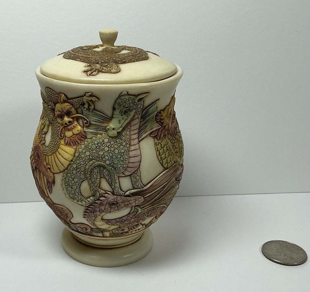Jardinia Dragon ‘Fire Crackers’ Approximately 5”X6” Lidded Jar