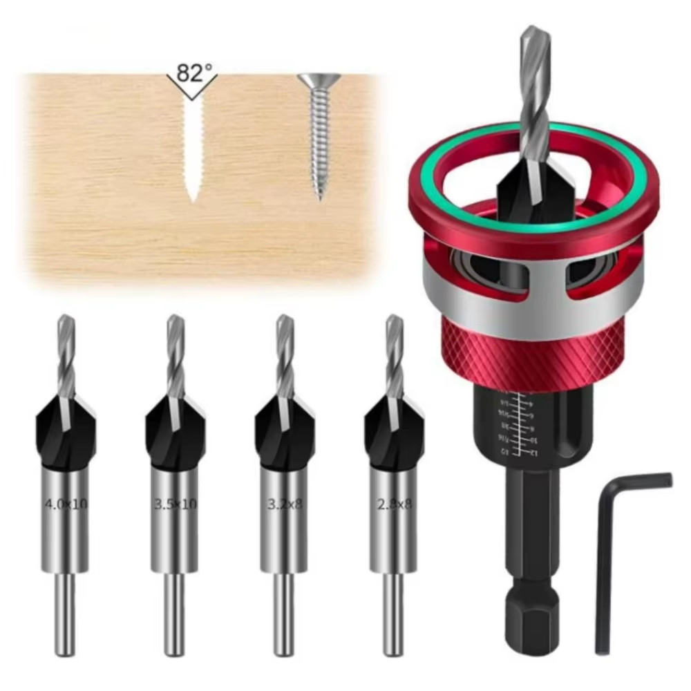 4PCS Countersink Drill Bit Set with Adjustable Depth Stop M2 HSS Woodworking Bit