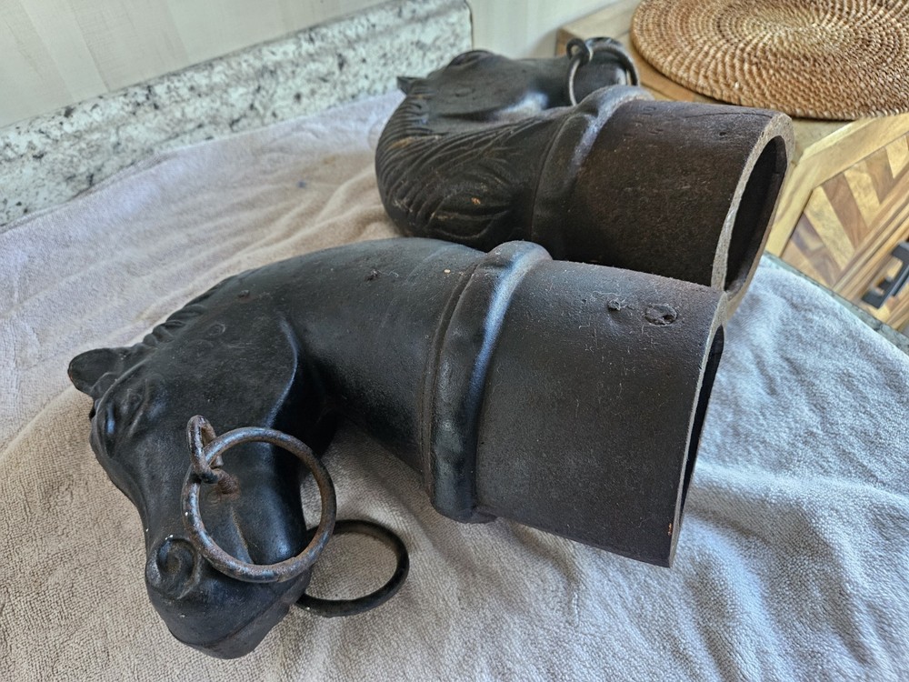 Circa 1900 : Two Double Ring Horse Head Adirons or Hitching Post Toppers