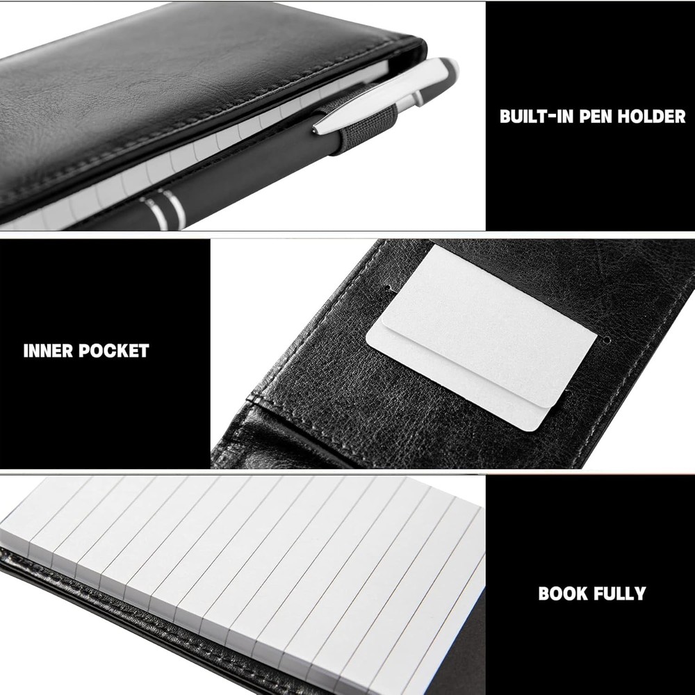 10 Pack Small Notepad Holder 3x5 Pocket Notebook with Pen Black Plain Leather PU