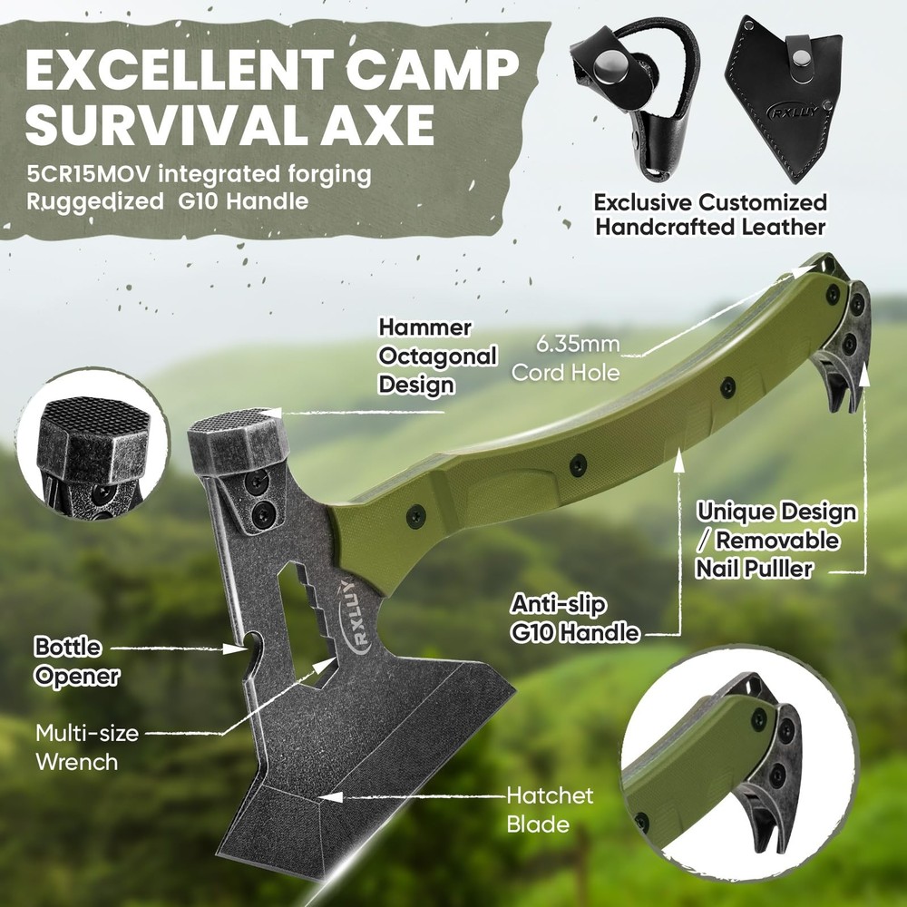 RXLUY Tactical Axe with G10 Handle Camping Survival Hatchet, Multifunctional ...