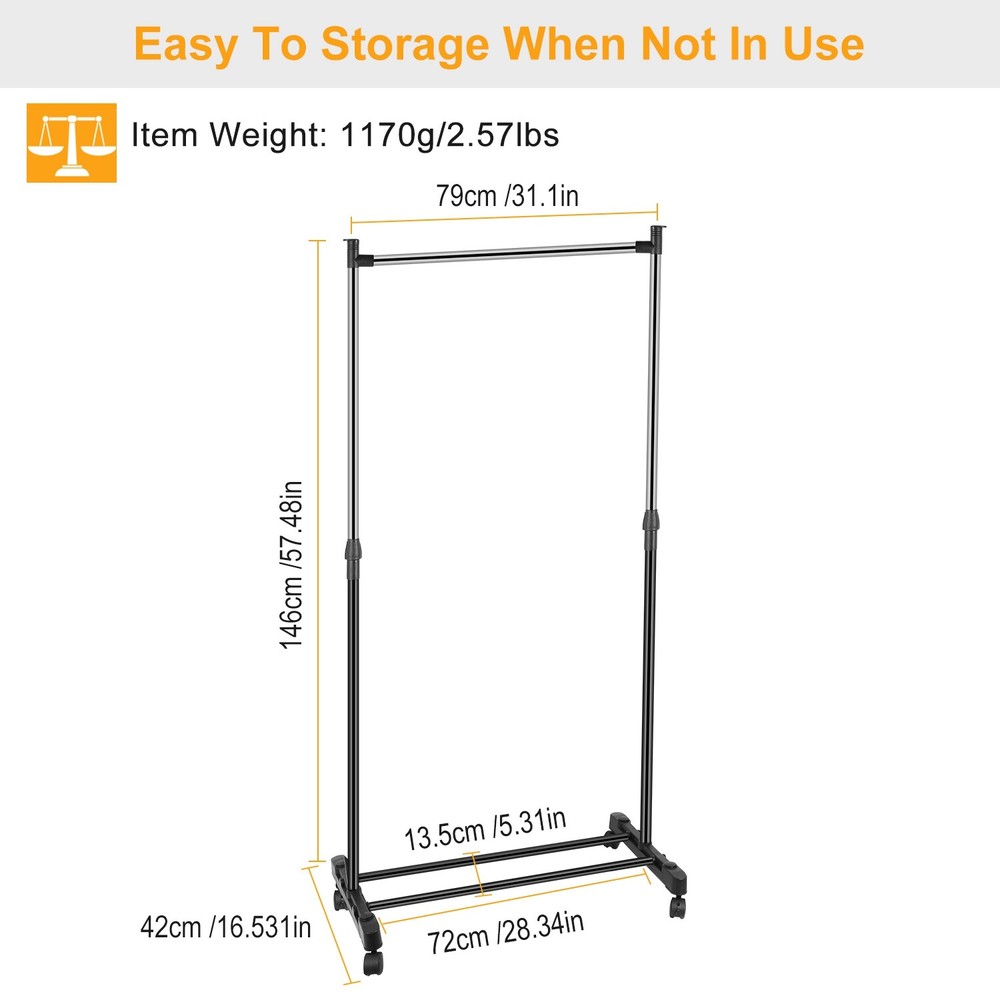Single/Double Adjustable Clothes Hanger Rolling Garment Rack Duty Rail Organizer