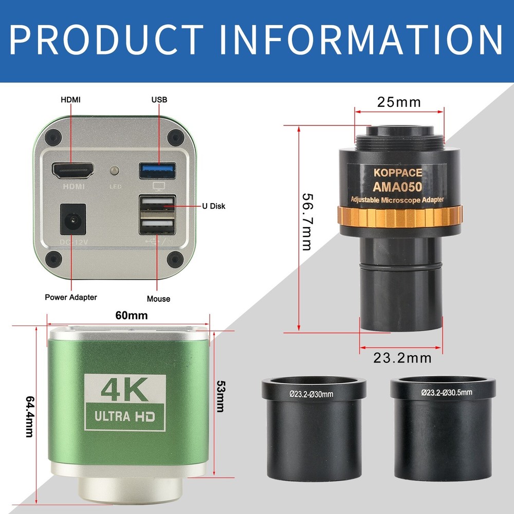 KOPPCE HD 4K Microscope Industrial Camera With 23.2mm to 30 and 30.5mm Interface