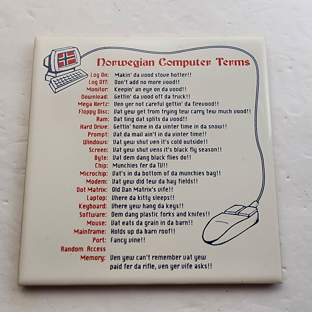 Ceramic Tile Norwegian Computer Terms Trivet Coaster 6x6 Inches