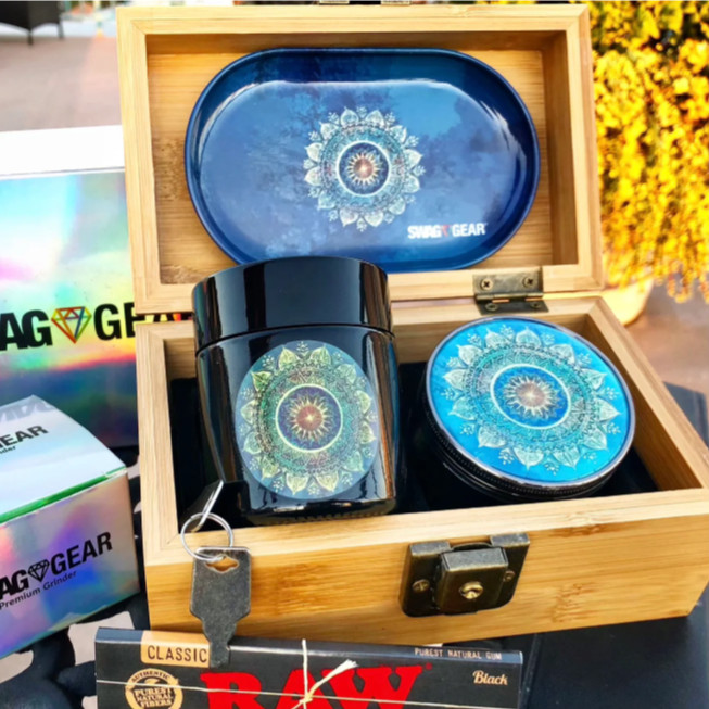 Blue Mandala Box Combo - Original Stash Box with Grinder and Stash Jar