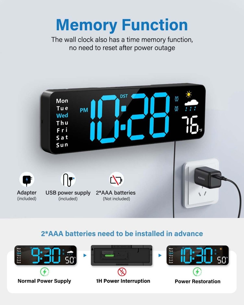 Digital Wall Clock, Digital Clock Large Display with Remote Control, Corded L...
