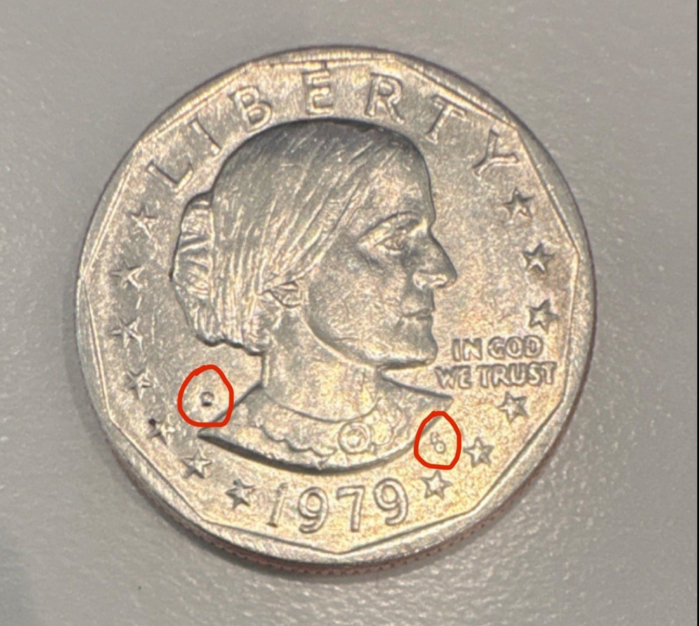 1979 D Susan B Anthony Dollar. Error: Filled D dot, & Filled E Pluribus Dot