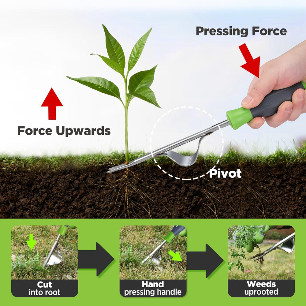 Weed Puller Tool, Metal Leverage Base and V-Shaped Forks for Easy Weed Removal &