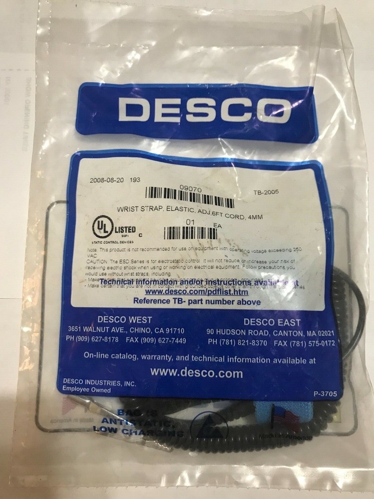Desco 09070 Wrist Strap,with 6 Ft Cord