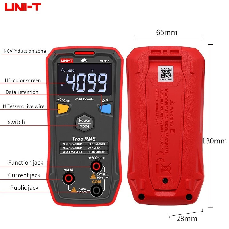 UNIT UT123D Smart TRMS Digital Multimeter AC/DC Volt Amp Live Wire NCV Tester