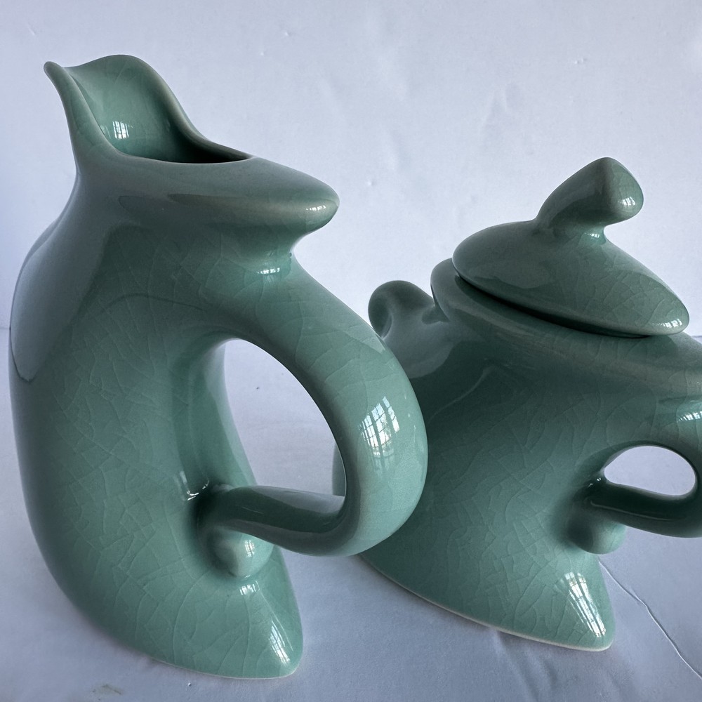 MICHAEL LAMBERT STUDIO Dancing & Struttin Creamer & Sugar Set Signed Aqua Green