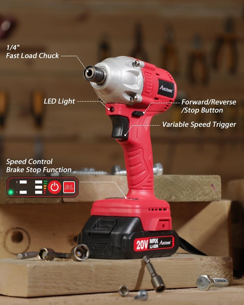 Versatile 20V Brushless Impact Driver with Brake Stop & Variable Speed Control