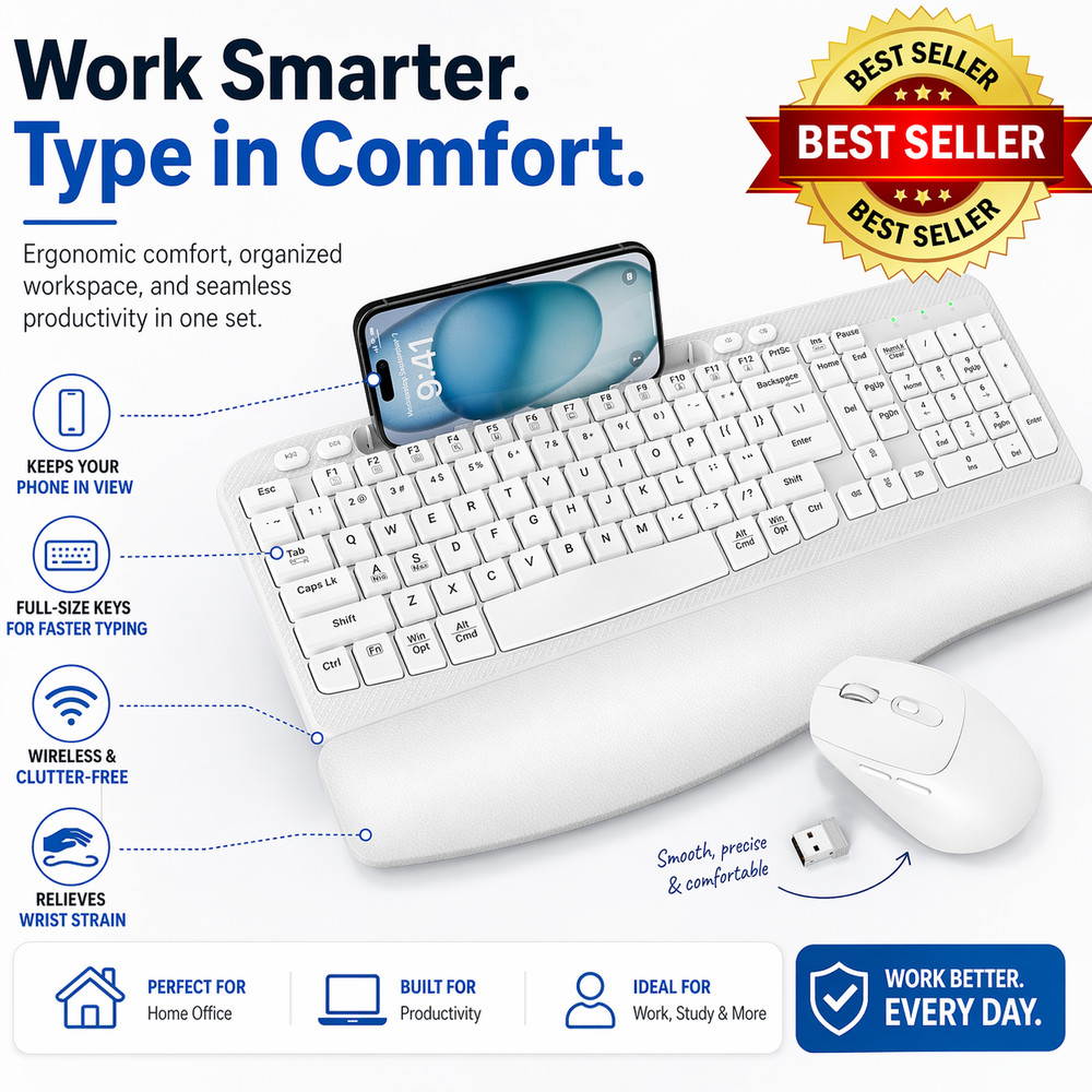 Wireless Keyboard and Mouse Combo, Wave Keys Full-Sized Ergonomic Keyboard