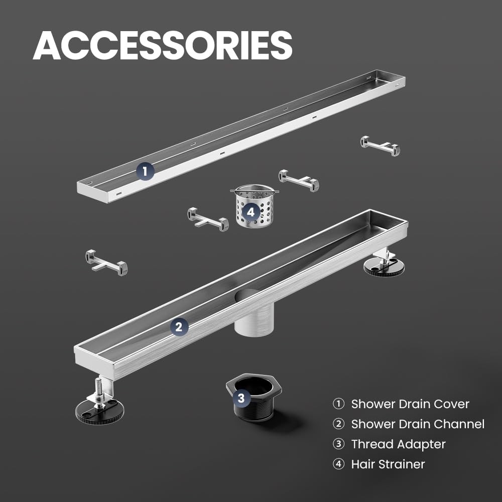 Linear Shower Drain 12 Inch, Shower Drain with 2-in-1 Tile Insert Panel, Brus...