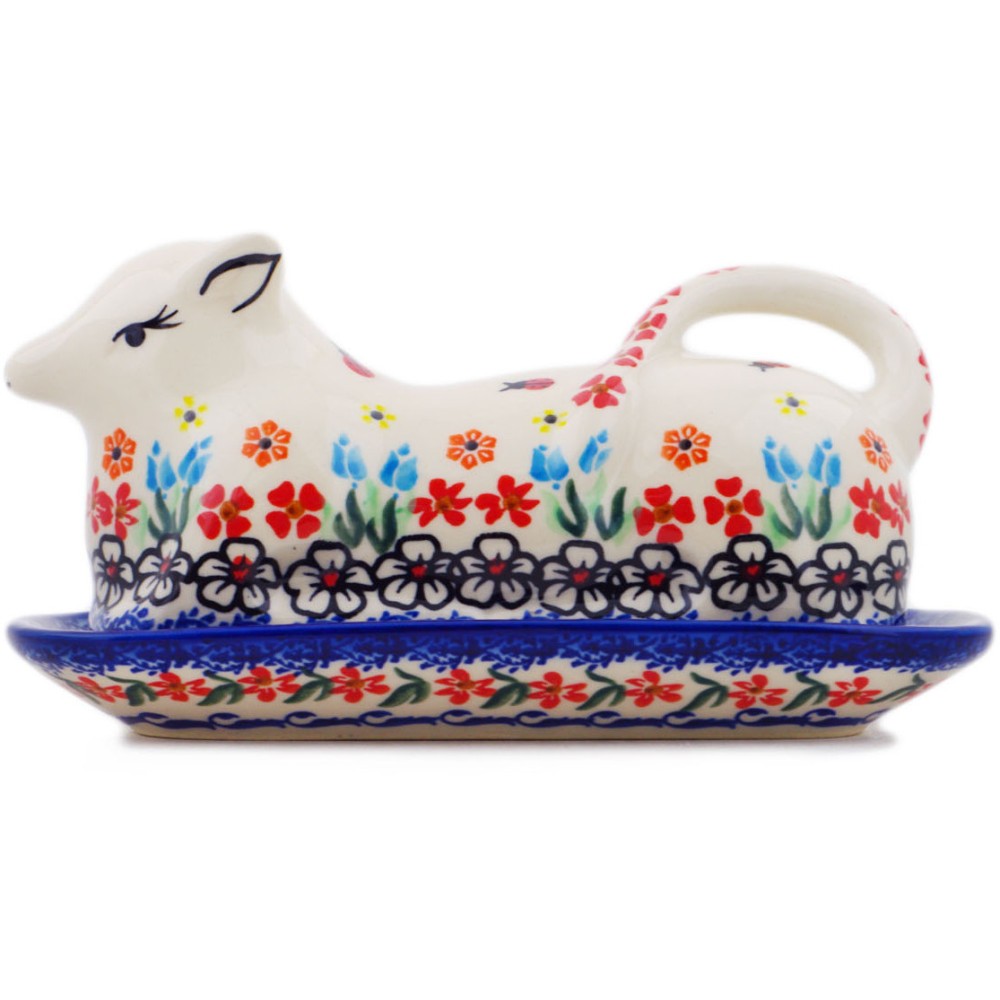 Polish Pottery Butter Dish 8" Fanciful Ladybug