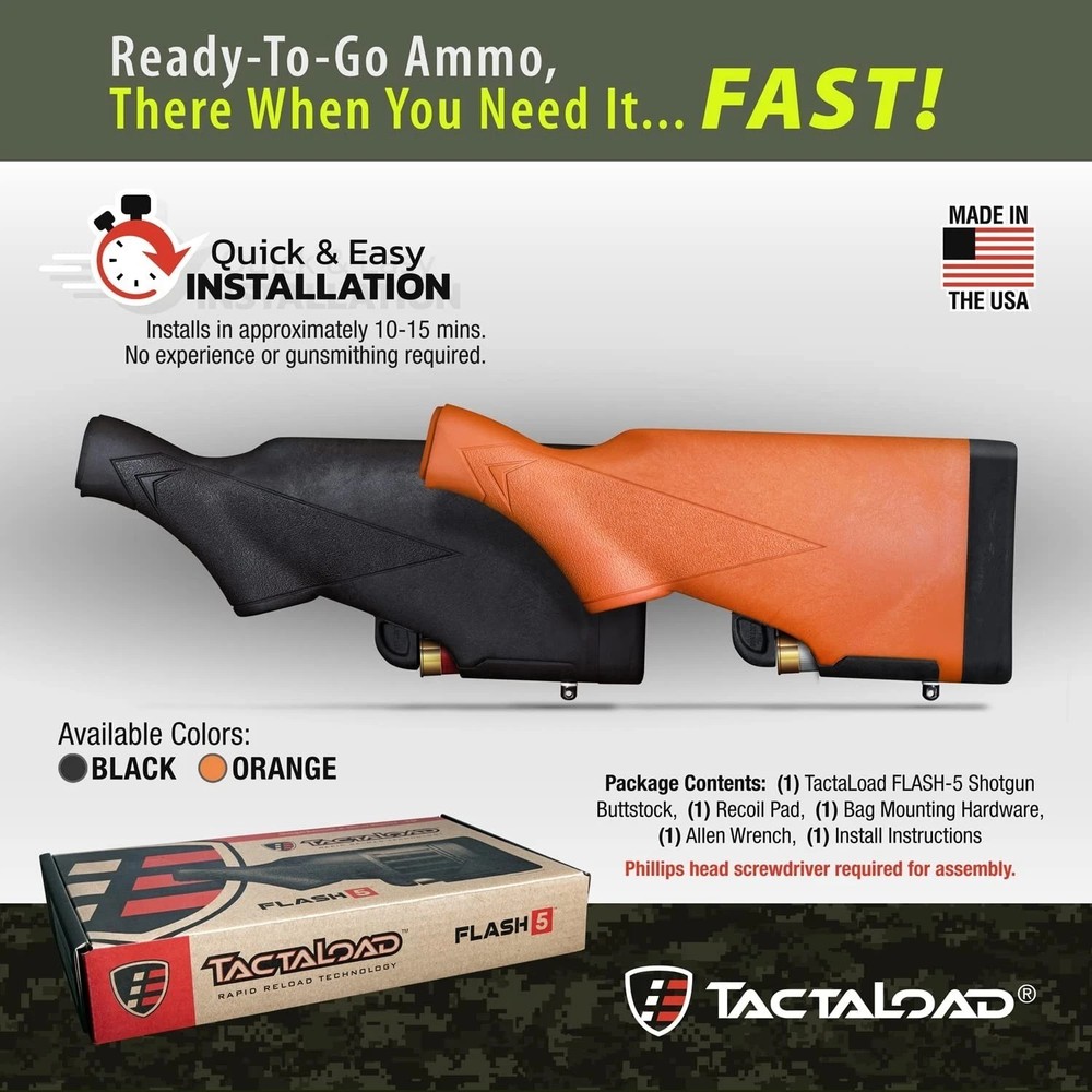 TACTALOAD Flash-5 Stock w/ Integrated Mag Loader - 5 Shell - Rem 870 - Orange