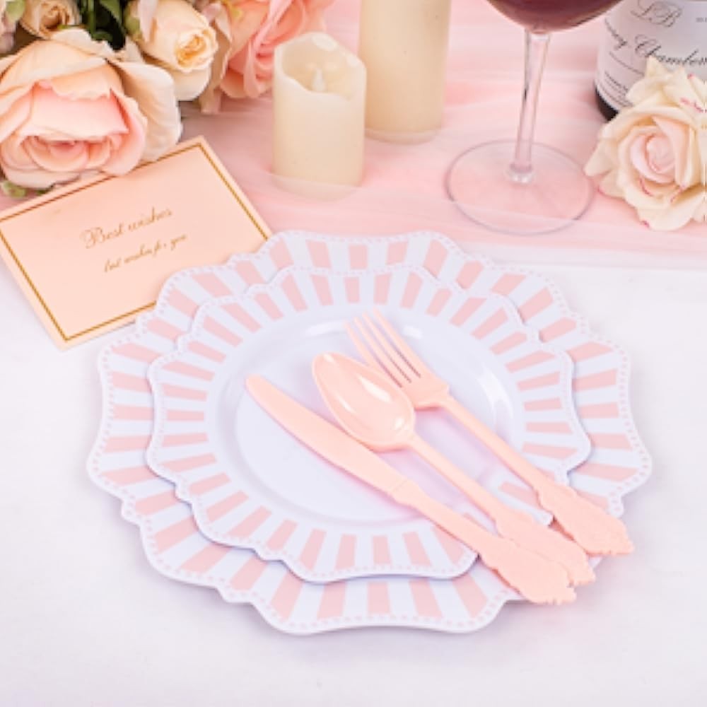 Disposable Pink and White Stripped Plastic Plates and Sierware