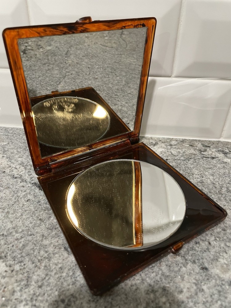 Vintage Lucite Faux Tortoise Shell Double Mirror Makeup Compact