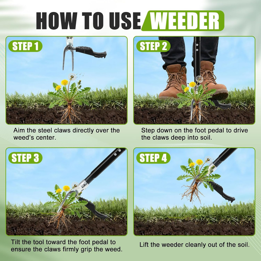 Heavy-Duty 4-Claw Weed Puller Tool with Adjustable Long Handle
