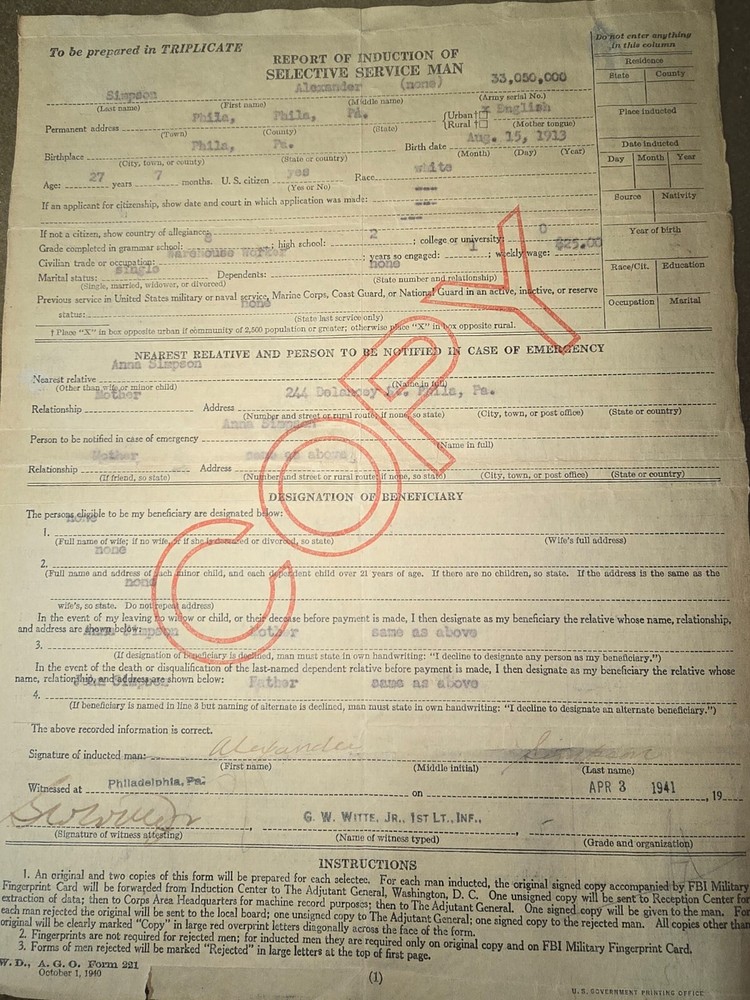 WWII Induction Form Named to Alexander Simpson