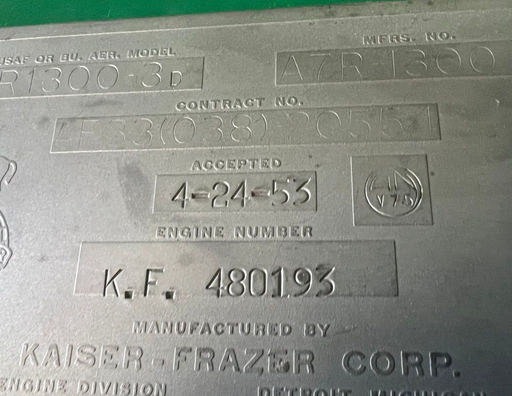 WRIGHT CYCLONE R-1300 ENGINE DATA PLATE – T-28 TROJAN